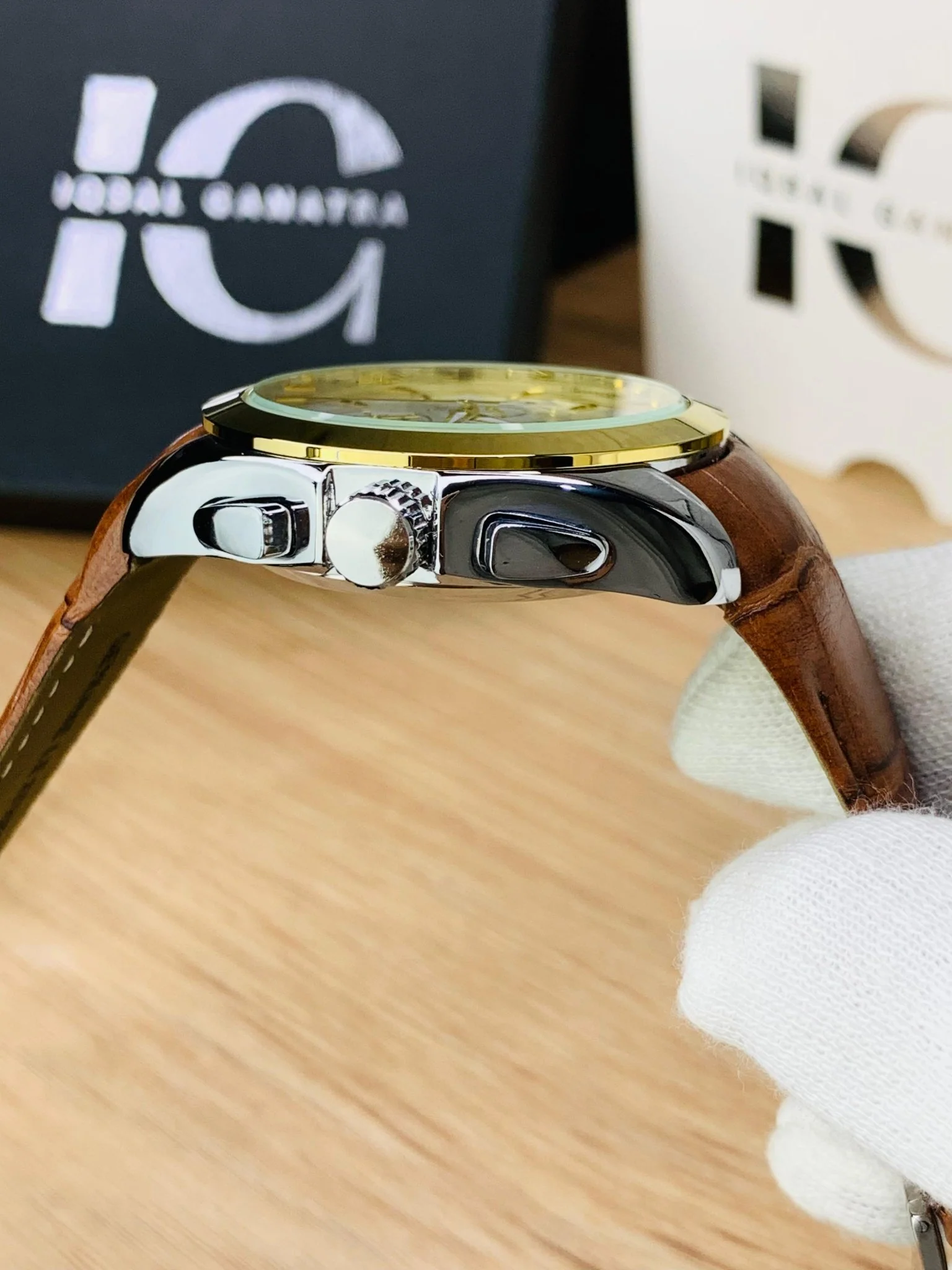 Branded Chronograph working Watch (Golden Case Brown Strap) - Image 3